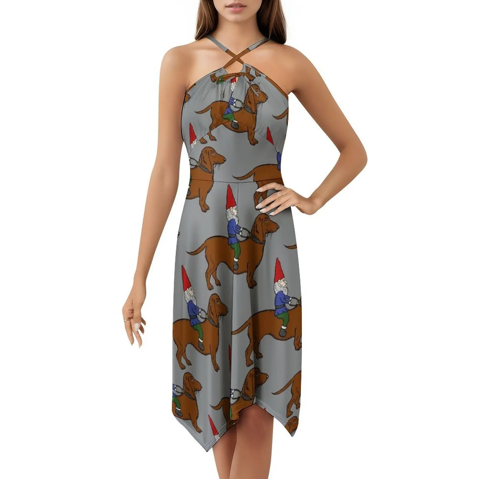 فستان Gnome Riding A Dachshund بنمط رمادي خلفية على طراز Preppy فستان قصير للنساء على شكل حرف a فضفاض مناسب فستان يوم غير رسمي لـ Doxie #5