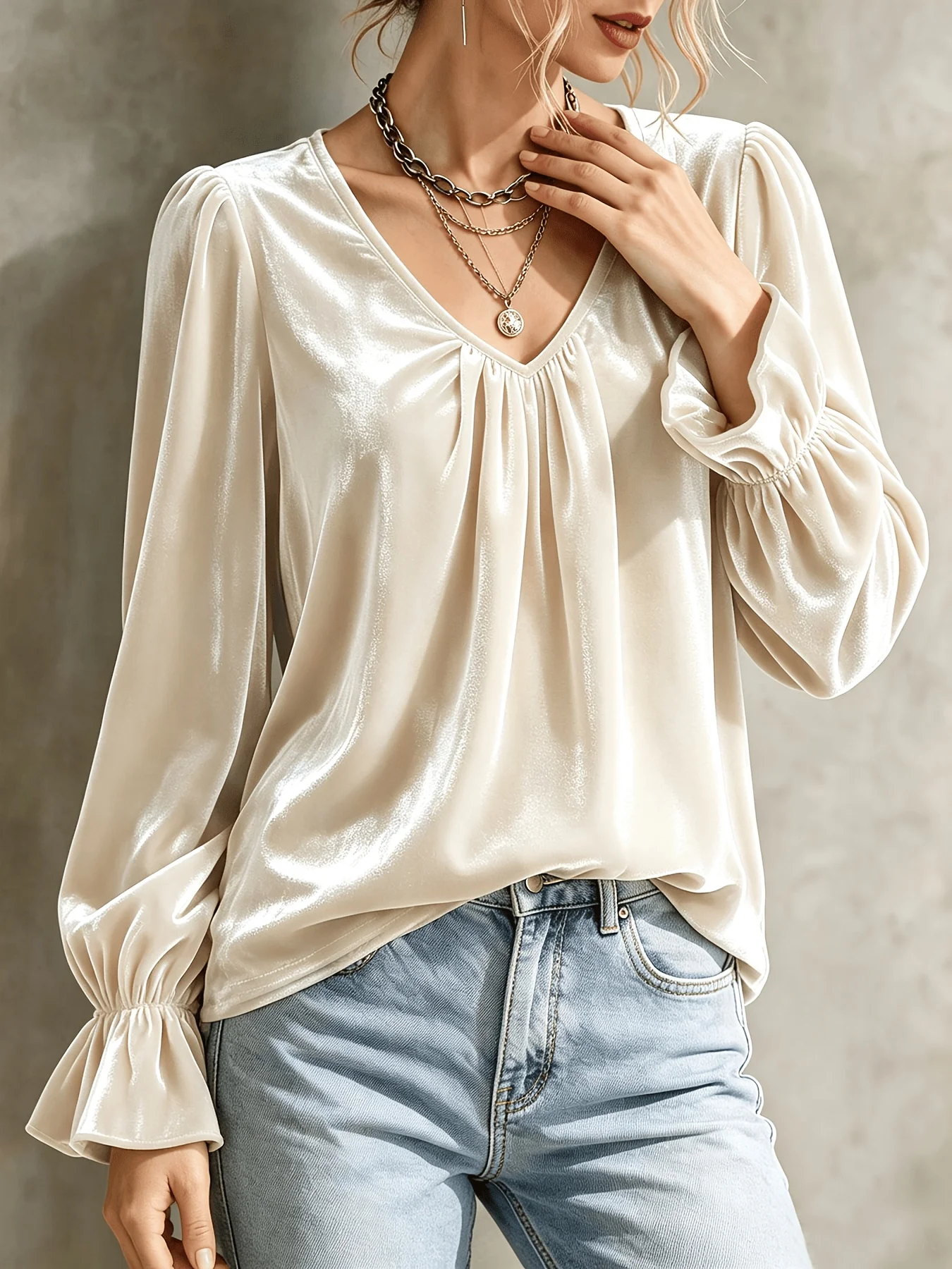 Plus-Size-Samtbluse für Damen, V-Ausschnitt, lange Ärmel, plissierte Laternenärmel, elegante burgunderrote Oberteile, lässiges, lockeres Hemd – Detail 8