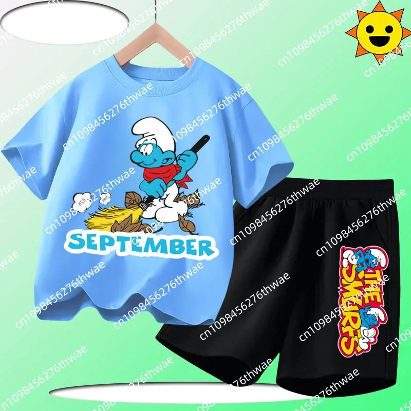 

2025 Smurf Cartoon Print Boys and Girls Casual Shirt Set for Children - Short Sleeve Summer New Design T-Shirt 2-Piece Set