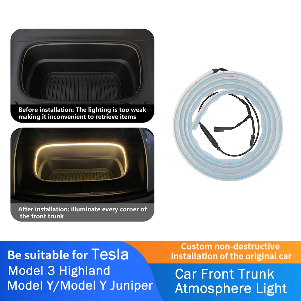 For Tesla Model 3 Highland 2024 Frunk Light Strip Front Trunk LED Ambient Lighting Model Y Juniper 2025 Car Interior Accessories