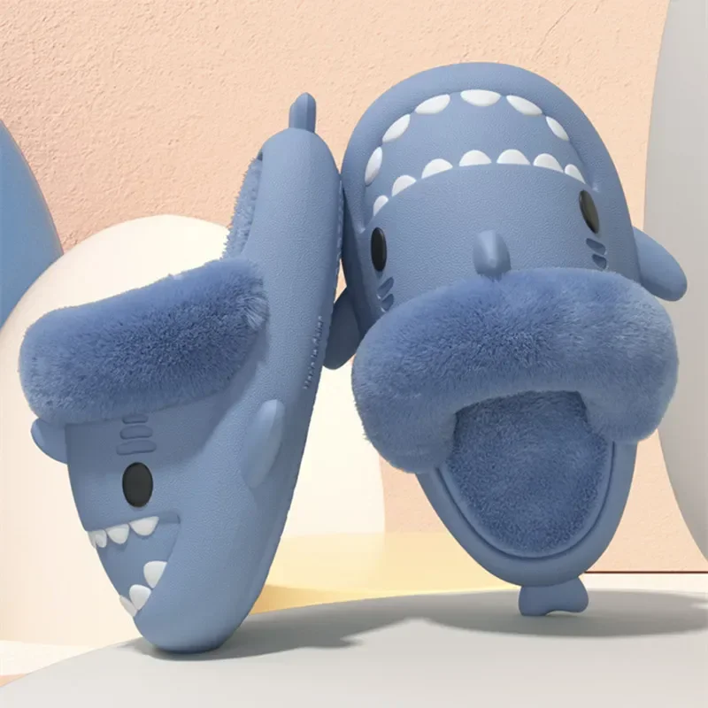 New Winter Children Shark Slippers Kids Non-slip Warm Cotton Slides Boys Girls Thick Sole Plush Detachable Washable Soft Shoes