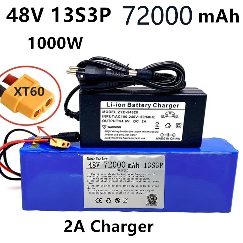 2024 13S3P XT60 48V 99999mAh 1000w 48V HighPower Lithium Ion Battery Pack 99Ah For 54.6v E-bike Bicycle Scooter With BMS+Charger