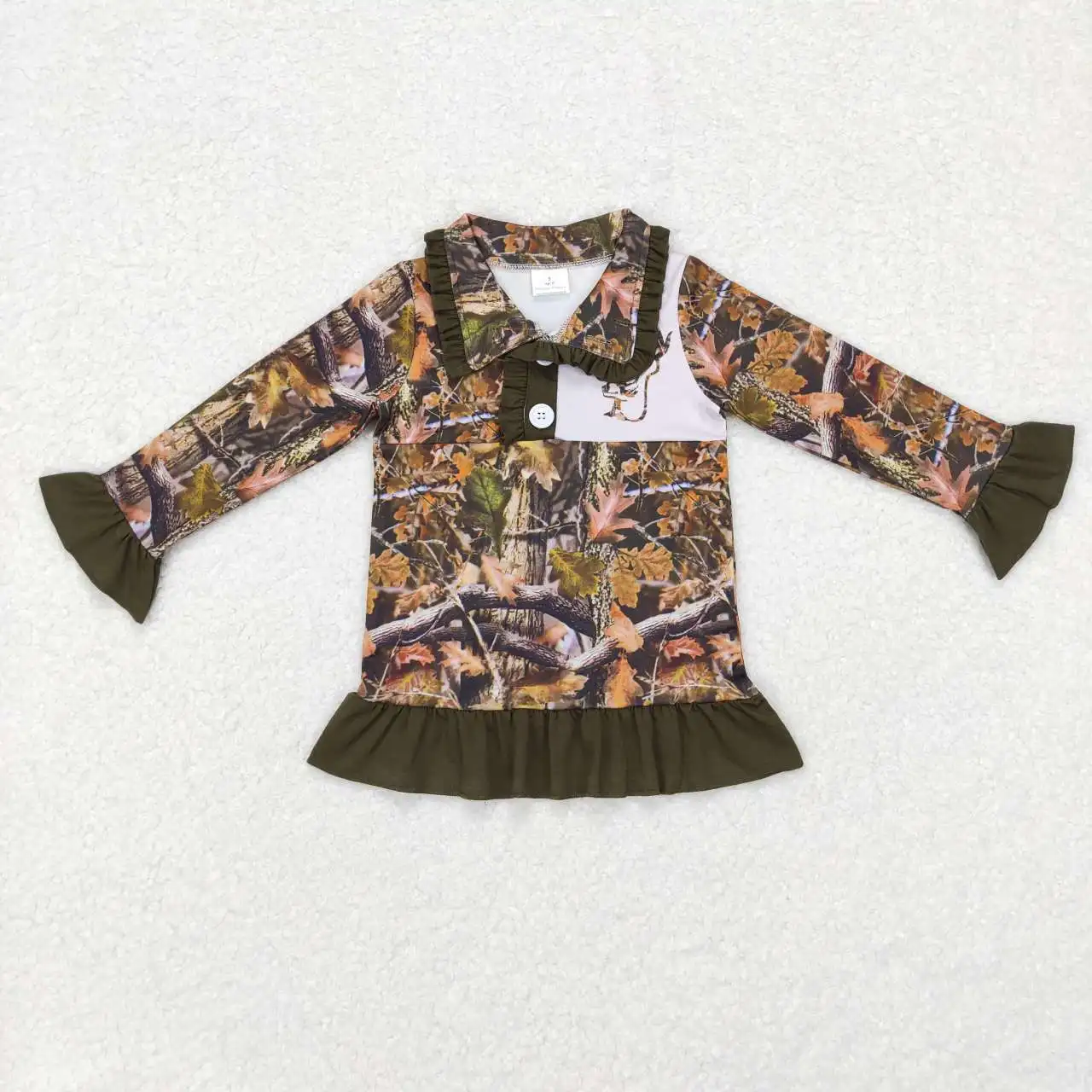 New Arrival Children's Tops Girls Branch Camouflage Deer Lace Zipper Long Sleeve Tops Girls Autumn Polo Shirts