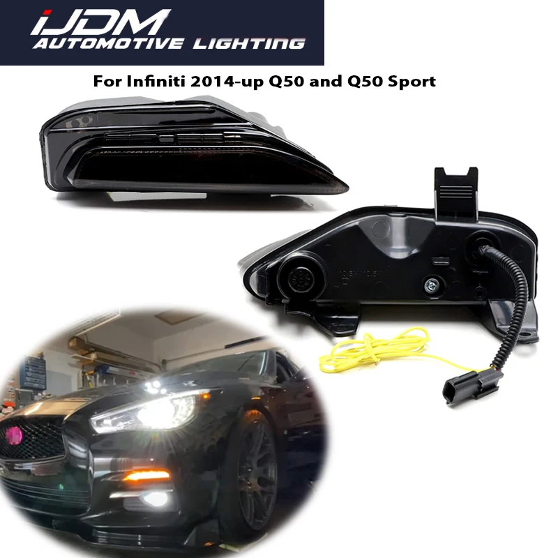 Dual-color Dynamic Amber LED Front Turn Signal Lights w/ White DRL / Driving Lights For 2014-2020 Infiniti Q50 Q50S Sport Model