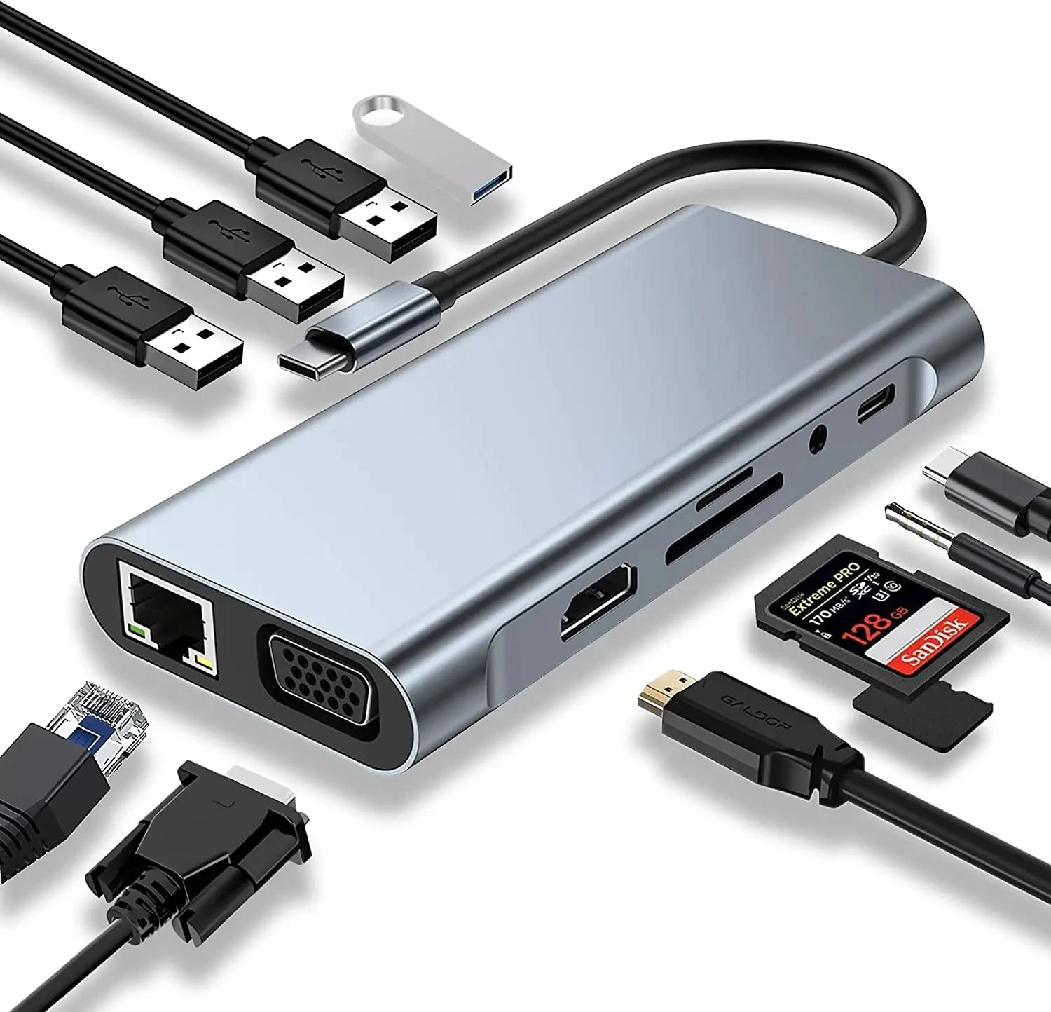 Adaptador USB Tipo C para HDMI, Compatível, 4K, VGA, RJ45, SD, Cartão TF, 3,5mm, AUX 10 Port, Docking Station, PC, Laptop Splitter, 11 Portas