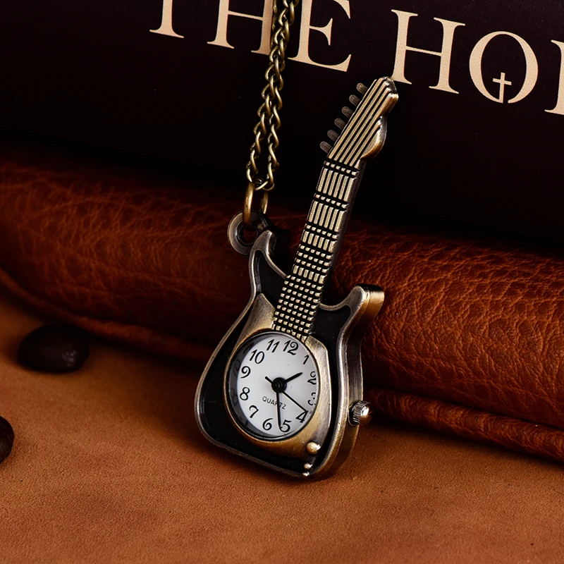 Bronze pocket watch Guitar shape pocket watch Quartz watch Long necklace hanging watch retro retro pocket watch