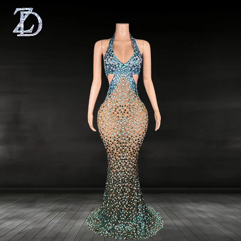 ZD Abito da sera sexy con strass scintillanti da donna Abito lungo trasparente con scollo all'americana di lusso per il ballo di fine anno 2025