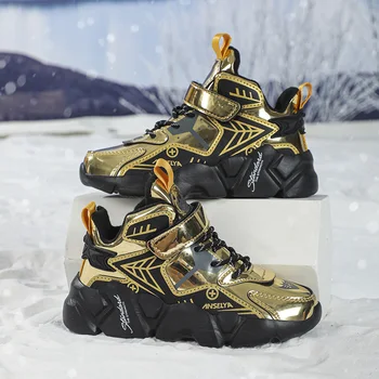 Kids Sneakers Winter Cotton Warm Comfor Flat Walking Shoes Leather Outdoor Sports High-top Trendy Children Tennis Shoes for Boy