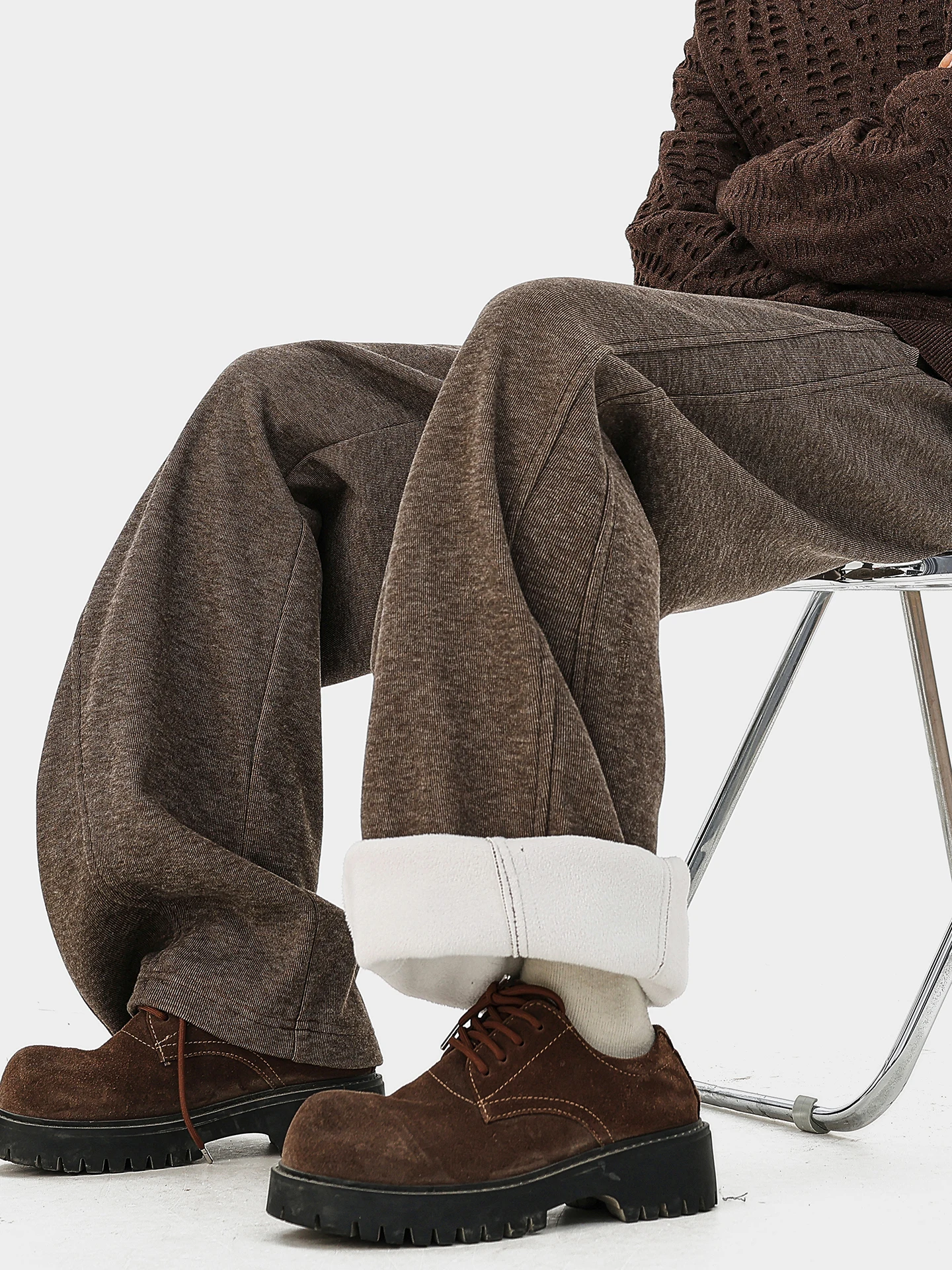 

BOYUE Heavyweight Color Fce Lined Lazy Sle Rice Noodle Pants ex Floor Length Casual Trousers Dstring Waist