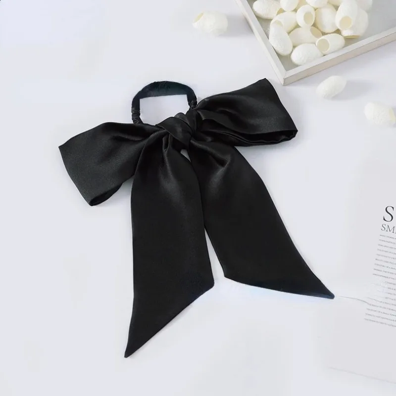 Korean Mulberry Silk Scrunchies Bows Long Ribbon Hairbands Head Bands Pure Silk Elastic Bow Hair Ties Black Champagne Hair Bands