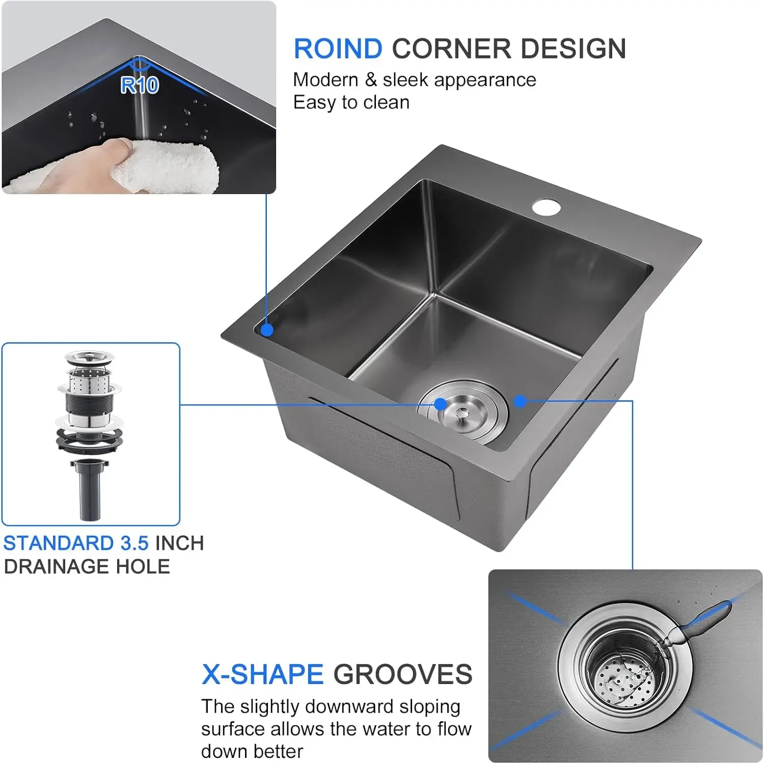 MENATT 15 x 17 Inch Drop in Kitchen Sink, 18 Gauge Stainless Steel Single Bowl Single Faucet Hole Topmount Kitchen