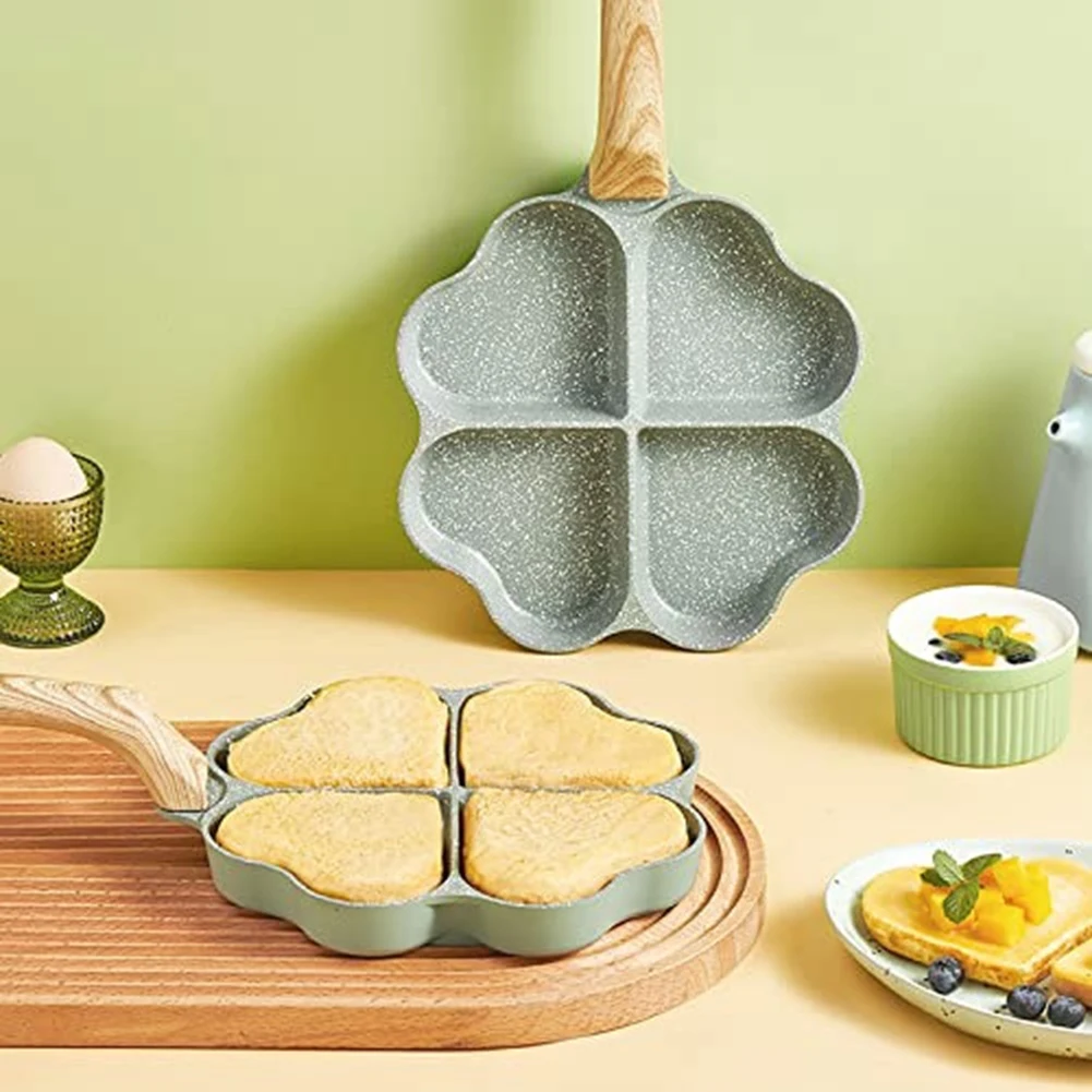 Heart Shape 4 Egg Frying Pan Four Leaf Nonstick Ceramic Egg Pan Mini Egg Poacher Non Stick Aluminum Skillet Green