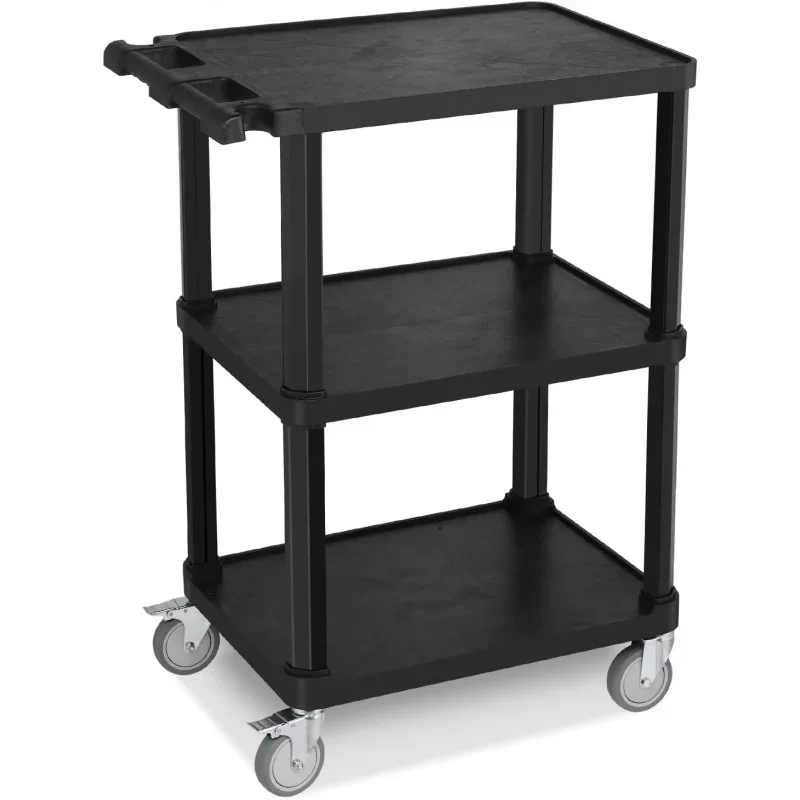 3-Tier Plastic Flat Utility Cart, Commercial Rolling Service Cart on Wheels with Braker, Multi-Function Handle and Large Capacit