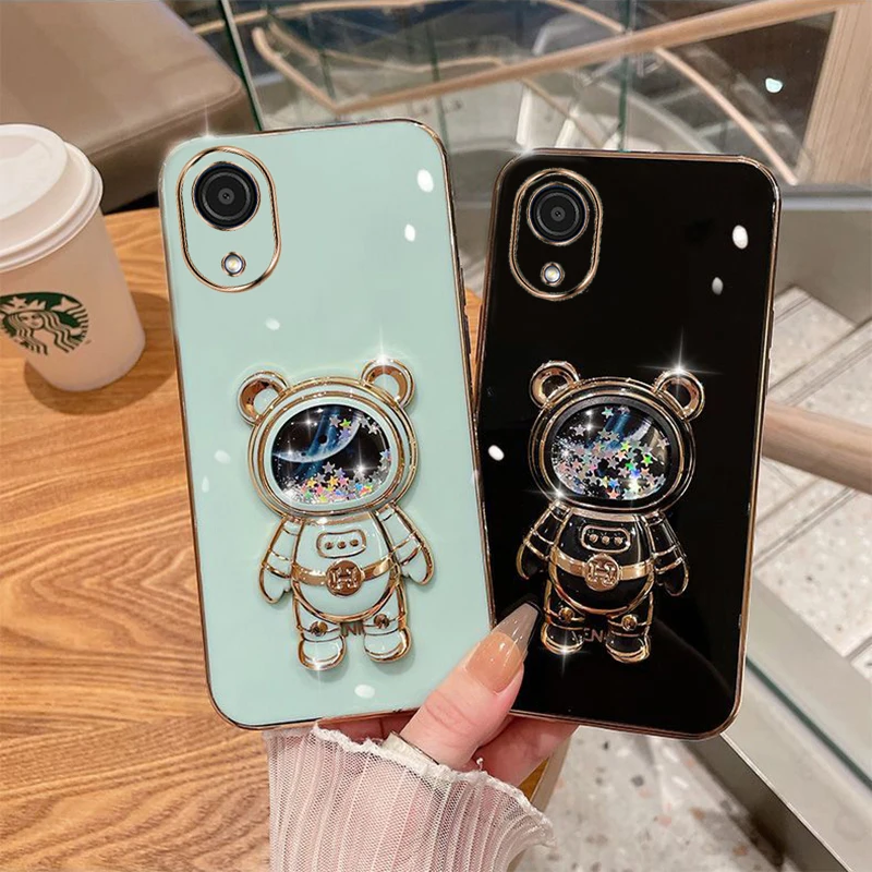 Cartoon Bear Fold Stand For Samsung Galaxy A03 Core Phone Case Luxury Plating Cover