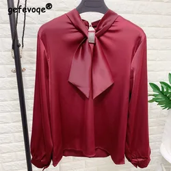 Bright Diamond Bow Wine Red Chic Blouse Female Spring Autumn Lace Up Long Sleeved Chiffon Loose Small Bow Tie Pullover Shirt