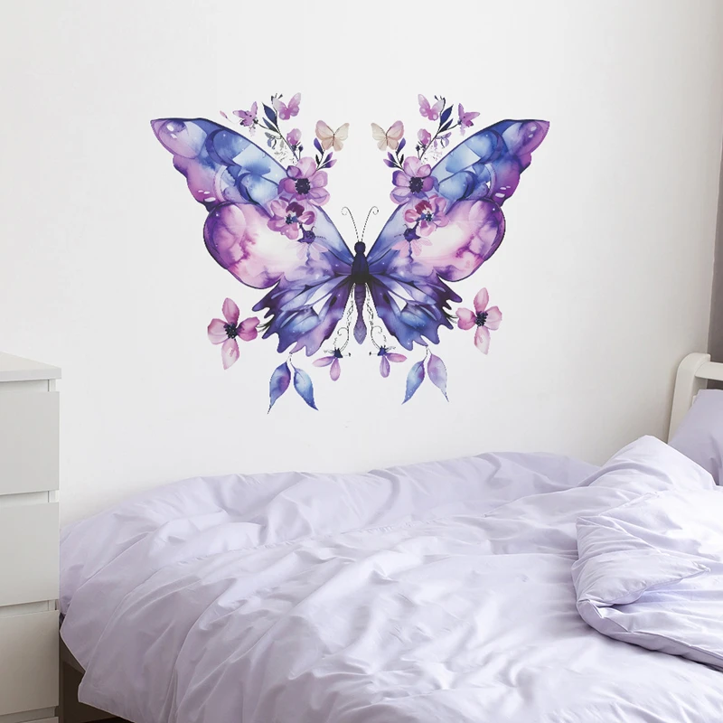 3D Dreamy Purple Butterfly Flower Vinyl Stickers for Room Door Wall Decoration Wallpaper Home Beautification