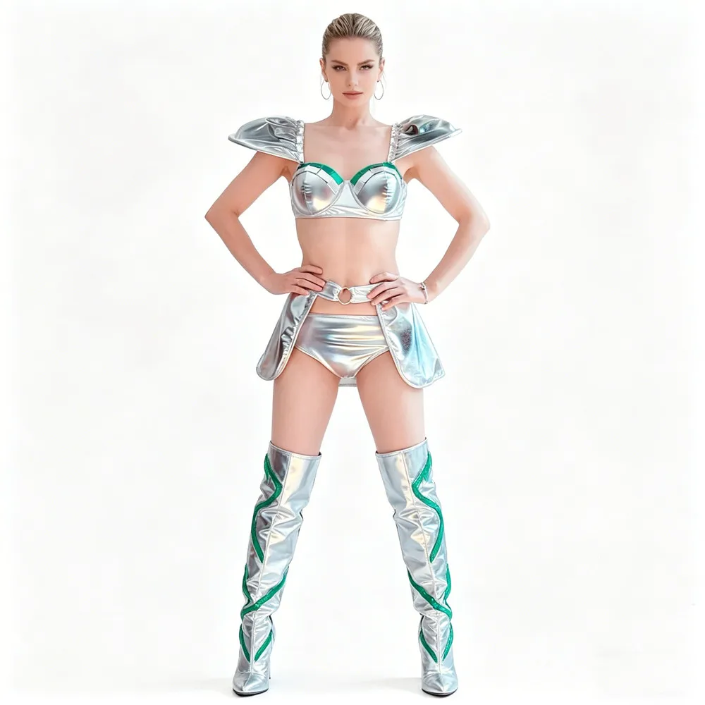 

Female Jazz Dance Team Sexy Performance Costume Silver Laser Mini Skirt Dance Outfit Bar Nightclub Gogo Dancer Show Stage Wear