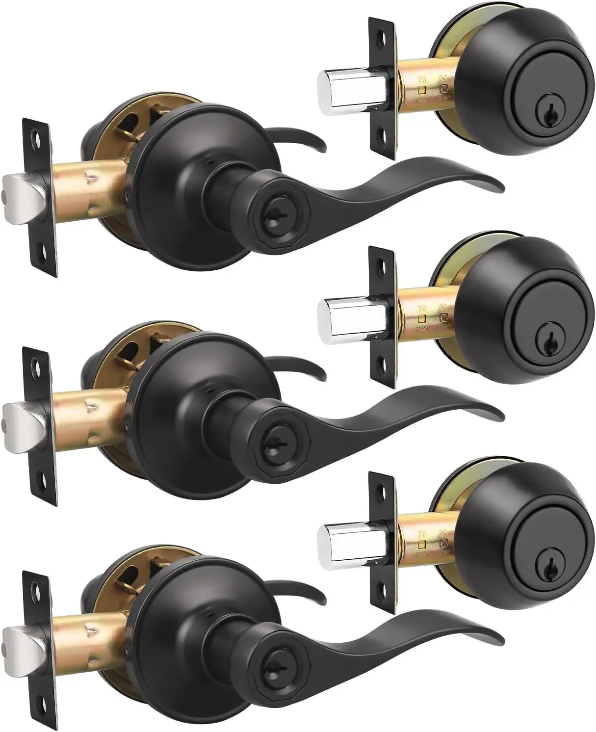 

3 Pack Matte Black Door Lever Lockset with Deadbolt, Keyed Alike for Exterior Security