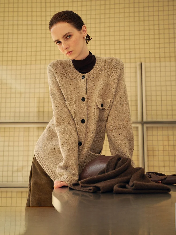 

High-Defn Silk Wool Blend round Ne Open Cardigan ChicJane Snowflake Yarn Casual Loose Fit Long Sve Women's Knitwear