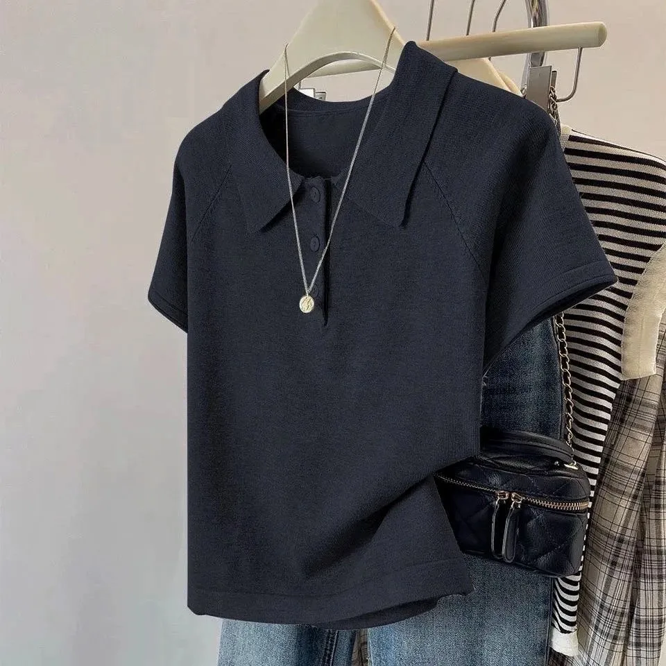 스웨터 반팔 니트 스웨터 여성 풀오버 신상 화이트 블랙 턴다운 칼라 니트 스웨터 풀오버 여성 상의 Q2667