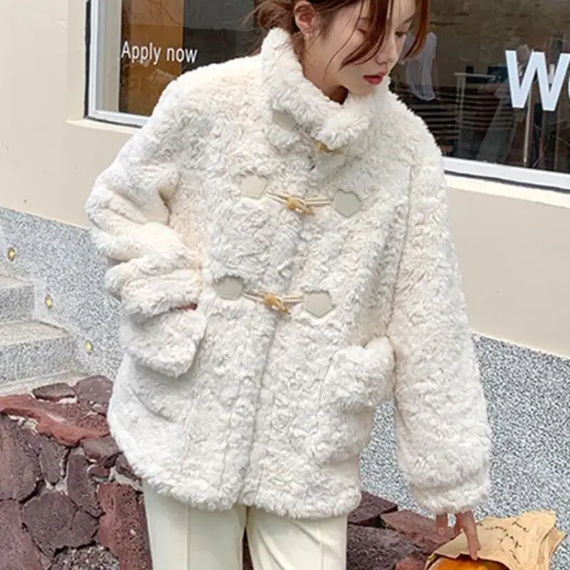 

Новое женское толстое плюшевое пальто с коровьим рогом на пуговицах в корейском стиле для милых и милых девочек в зимних условиях, свободное и теплое пальто, универсальное