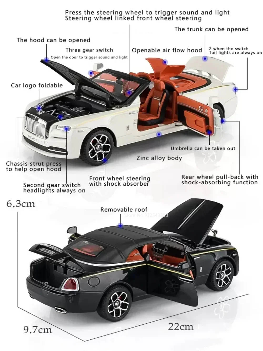 1:24 Scale Rolls Royce Dawn Car Model Simulation Alloy Convertible Sports Cars Sound Light Pull Back Collection Gift for Boys