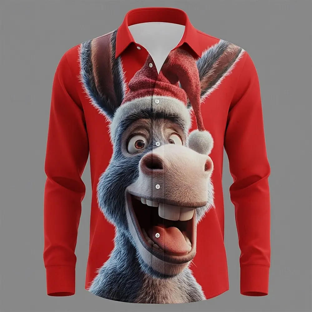

Christmas Style Donkey Pattern Long Sleeve Shirt Fun Animal Print Men's Clothing Autumn Winter Casual Lapel Shirt Street Y2k Top