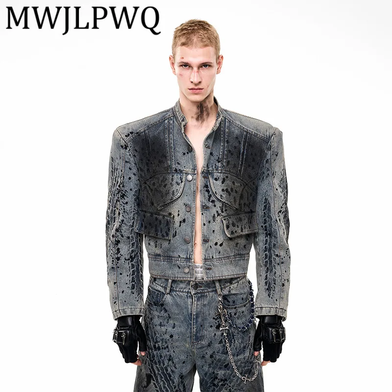 

MWJLPWQ джинсовая куртка с коротким воротником-стойкой и принтом для мужчин, осень-зима, винтажные топы ручной работы с пятнами из распыления, 1212314
