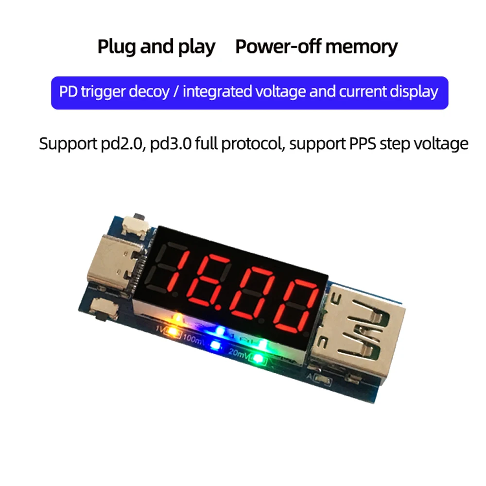 

Type-C PD Decoy Module Quick Charge Trigger Module DC Digital Display Voltage Ammeter Test Instrument Support PD2.0/PD3.0 PPS