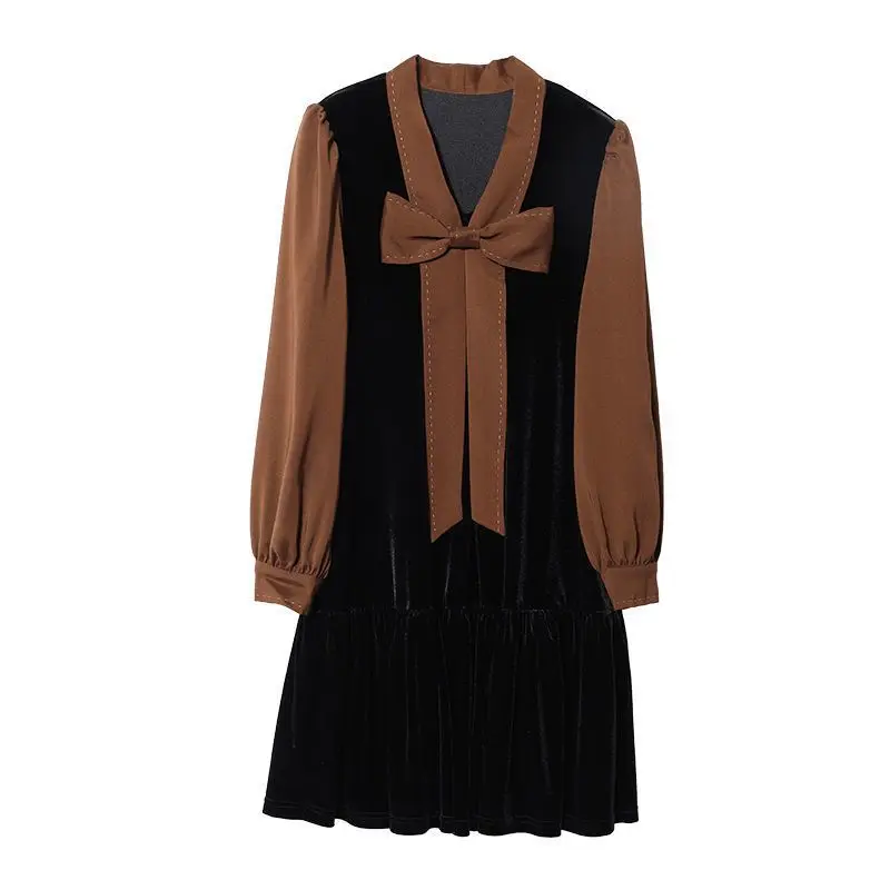 Elegant V-Neck Spliced Loose Folds Lace Up Bow Mini Dress Female Clothing 2023 Autumn New Oversized Office Lady Princess Dress