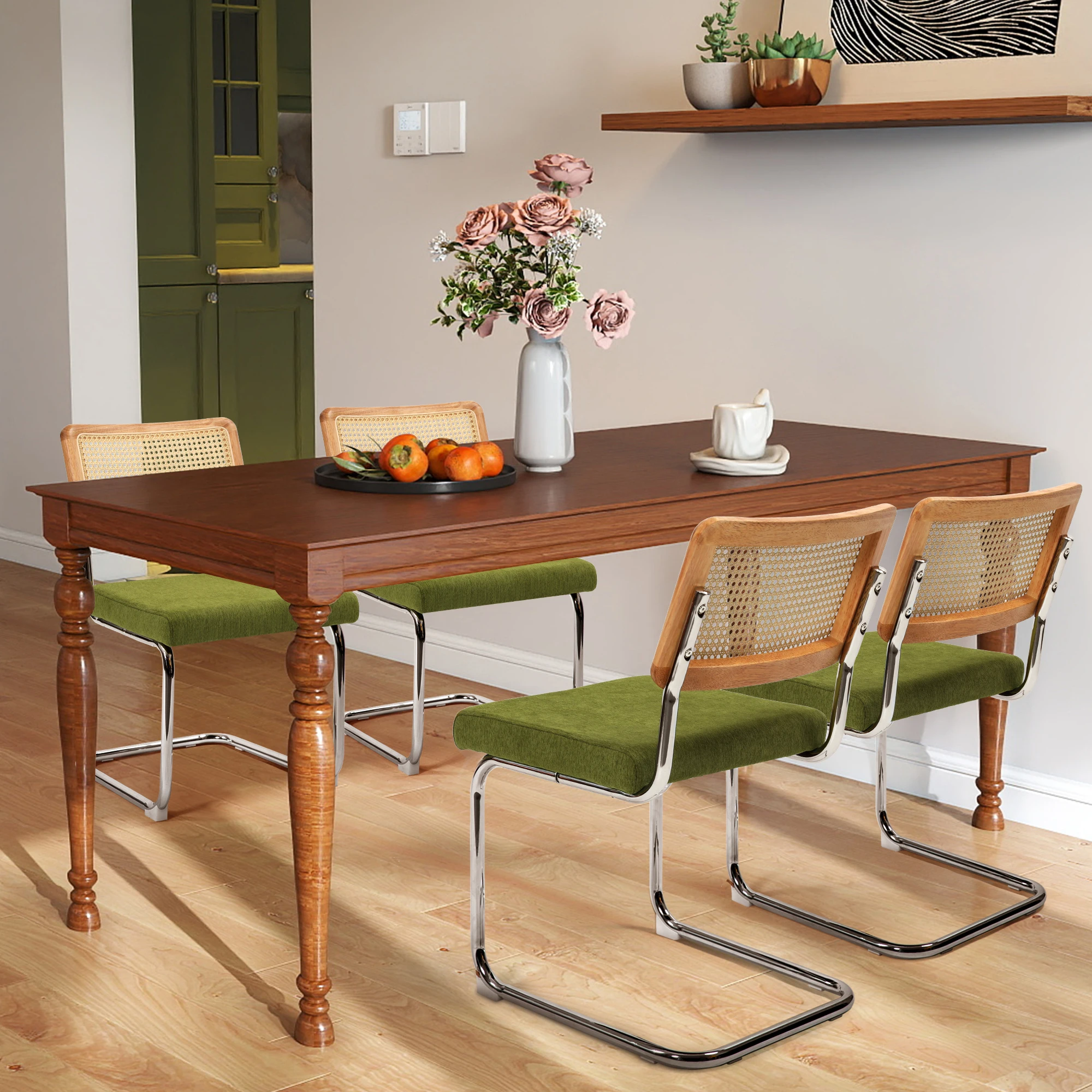 Set of 2/4 Cesca Style Cantilever Dining Chairs Mid Century Modern Rattan Back Boucle Fabric Seat Boho Kitchen Chairs