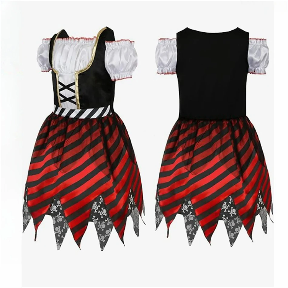

3 Pcs Halloween Pirate Skirt Hat Eye Mask Euro-American Style Outfit Kids Role play Sets Christmas Girls Captain Cosplay Costume