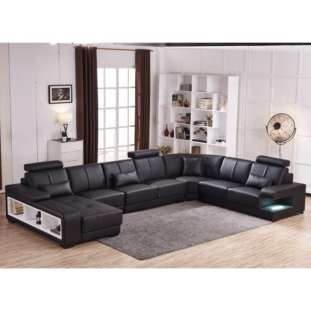 

MANBAS Modern U-Shape Italian Genuine Leather Sectional Sofa with LED Light for Living Room, Nordic Couch Sofas Seating Room