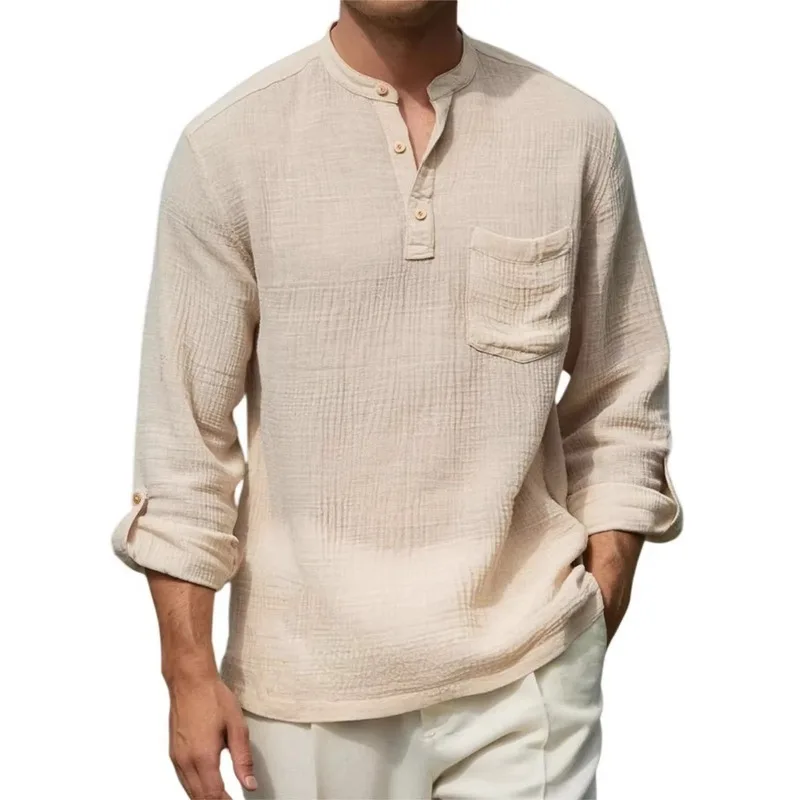 Men's Blue Textured Henley Shirt with Stand Collar Chest Pocket Roll Up Long Sleeve Casual Top view 6