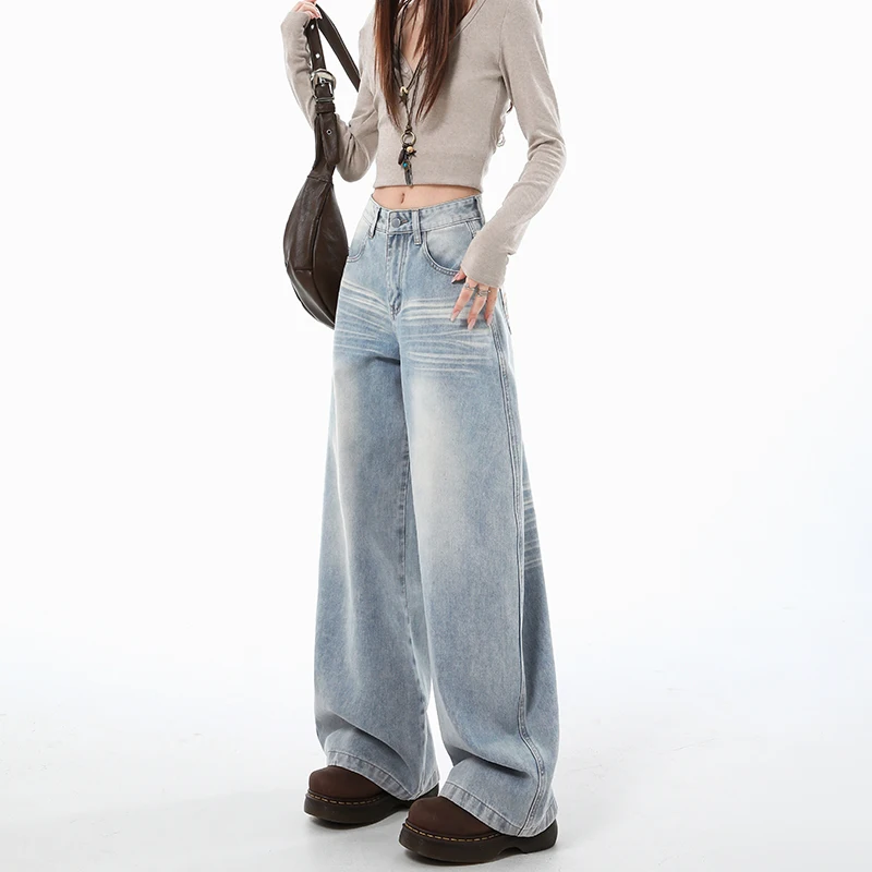 2025 Autumn New High Waist Loose Wide Leg Jeans  Women Y2K Cotton Personalized Design Slim Straight Tube Loose Floor Pants