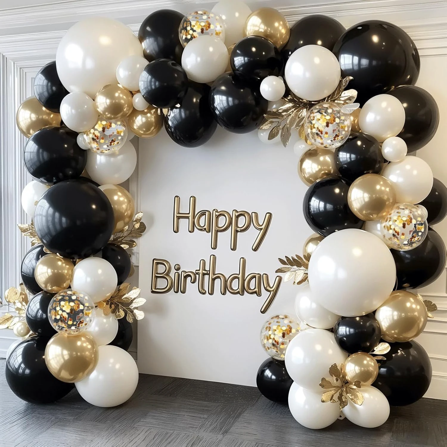 Schwarz-Gold-Weiß Ballonbogen-Set - 121-teilig mit Sandweißen, Schwarzen, Chrom-Gold & Konfetti-Ballons für Geburtstag und Hochzeitsdekoration