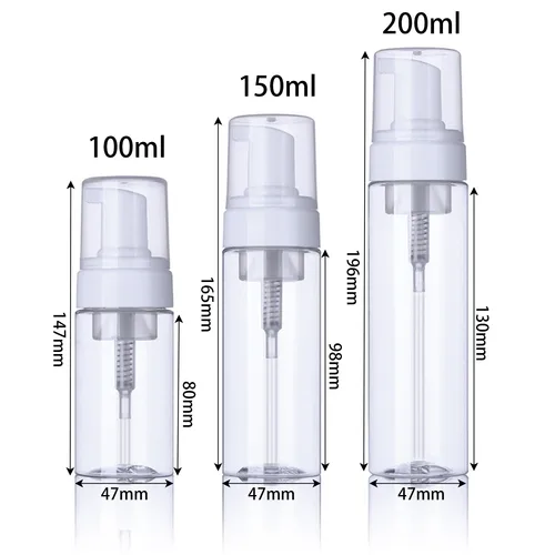Imagen 2 del producto 30 Botellas de Espuma con Bomba de 100ml, 150ml y 200ml, Dispensador de Jabón Espumoso de Plástico Transparente, Contenedor de Champú y Desinfectante de Manos para Viaje