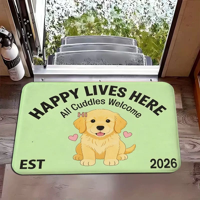 VIKAMA Light Green Warm Cartoon Golden Hair Love Slogan Mat, Non-Slip Door Rug for Bathroom & Foyer, Sweet Home Decor