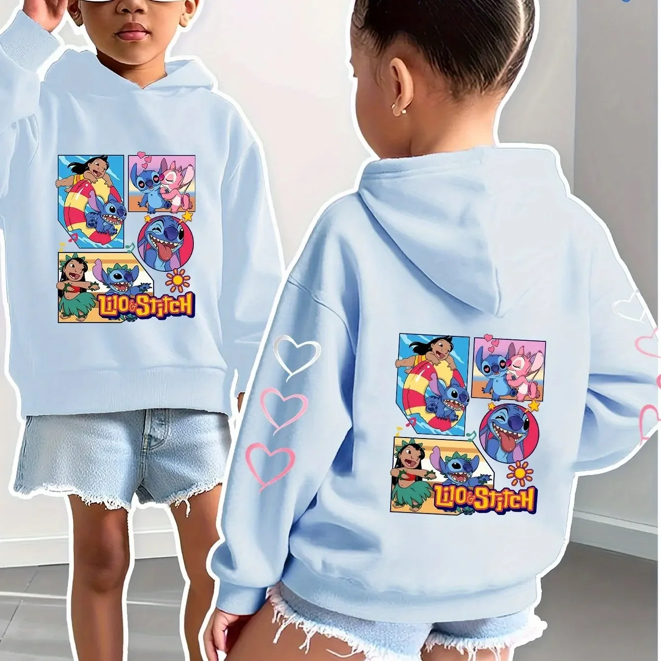 

Disney Girls Hoodie Adorable Stitch and Baby Lilo: A Heartwarming Disney Duo Double-Sided Print with Heart Design on Sleeves