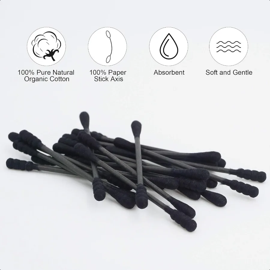 Kapas Hitam Spiral 600 Batang, Kapas Organik, Ujung Kapas Arang Dua Sisi Terbungkus Rapat, Tongkat Kertas Lembut dan Lembut