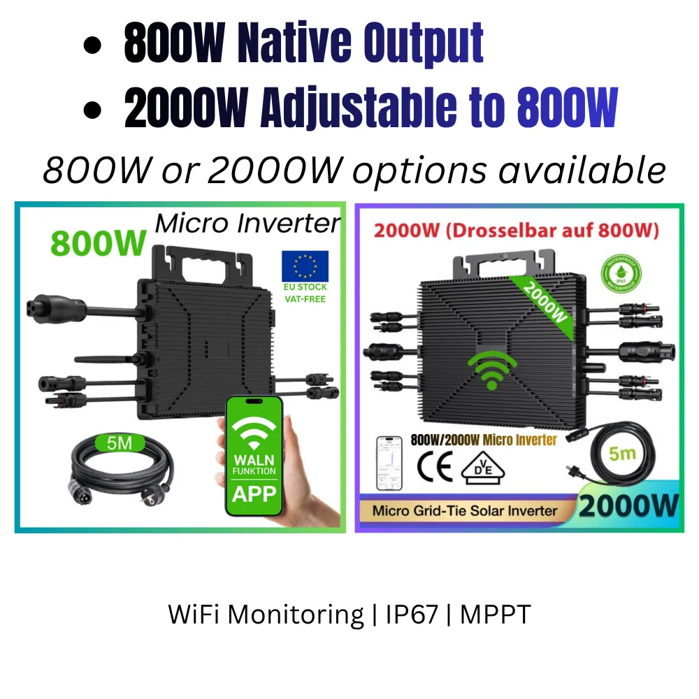Micro-inverter 800W/2000W 50Hz connesso alla rete, MPPT 25-55V, impermeabile IP67, WiFi, monitoraggio Solarman, onda sinusoidale pura, presa EU