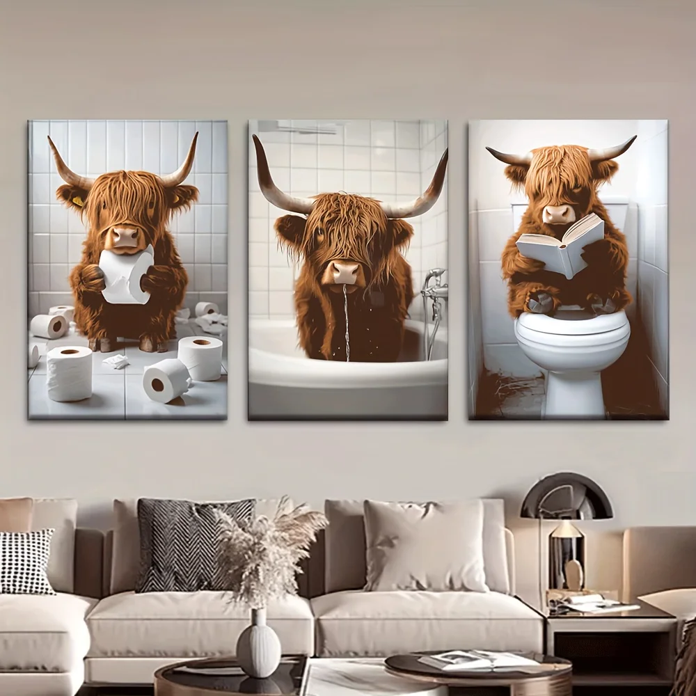 (No frame)3pcs Scottish Highland Cattle Hand-Painted Canvas Posters - Hand-Painted Farm, Unframed Vertical Paintings Suitable