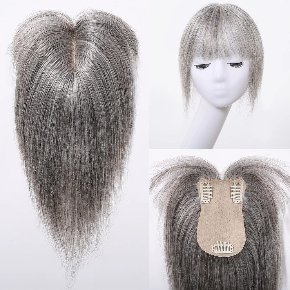 Gray Silver Remy Human Hair Toppers Silk Base Hairpieces 3 Clips in Hair with Bangs 10 Inches Hair Topper Extensions for Women