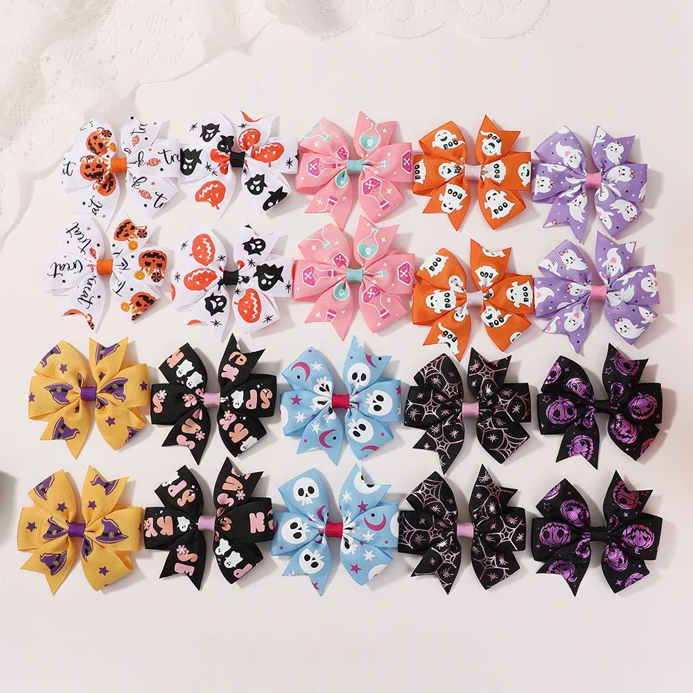 

20Pcs Candy Color Pumpkin Skeleton Print Hair Clips Children's Halloween Festival Party Side Bow Accessory for Girls