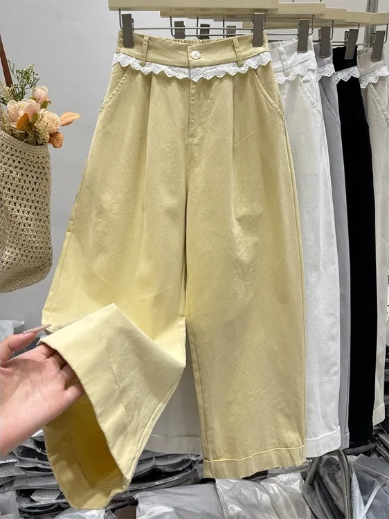 

Loose Wide Leg Pants High Waist Lace Trim Elastic Casual Straight Leg Long Trousers plus Size Women's Spring Fashion