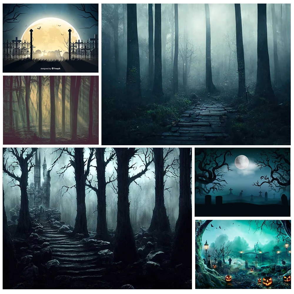 

MOON.QG Mysterious Halloween Forests Backgrounds Photographs Party Moonlit Crosses Cemeteries Backdrop Party Decorations Studio