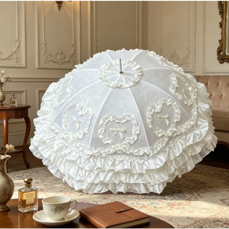 Lolita Birdcage Parasol Auto Open Waterproof Umbrella with Lace Edge, UV Protection Folding Sun Shade for Women Girls Portable