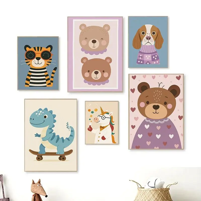 البساطة لطيف سوان الأغنام يونيكورن الثعلب اللون النقاط التوضيح المشارك قماش اللوحة طباعة للأطفال الحضانة جدار ديكور فني للمنزل