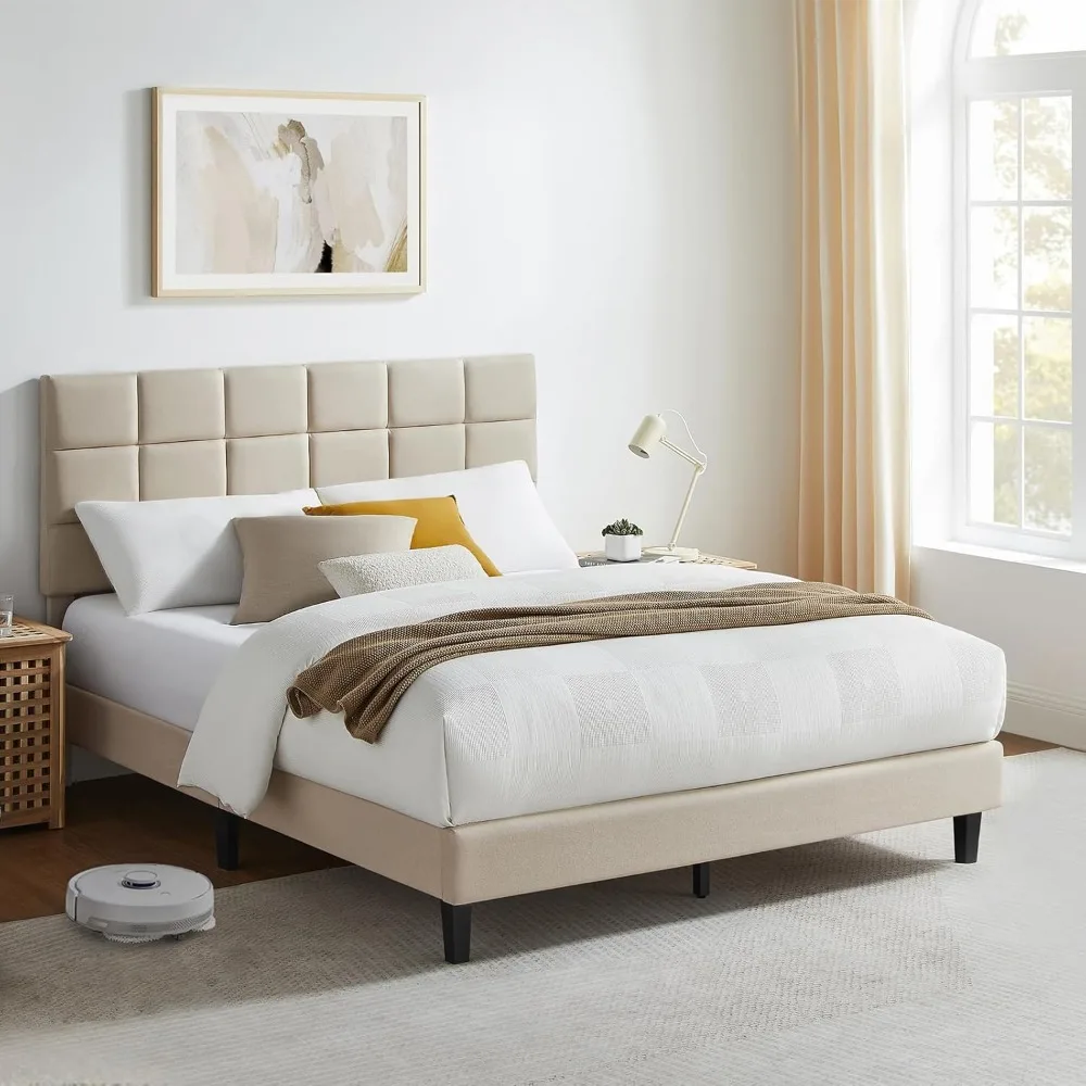 

Platform Bed Frame with Upholstered Headboard, Linen Fabric and Wooden Slats Support, No-Noise, Easy to Assemble