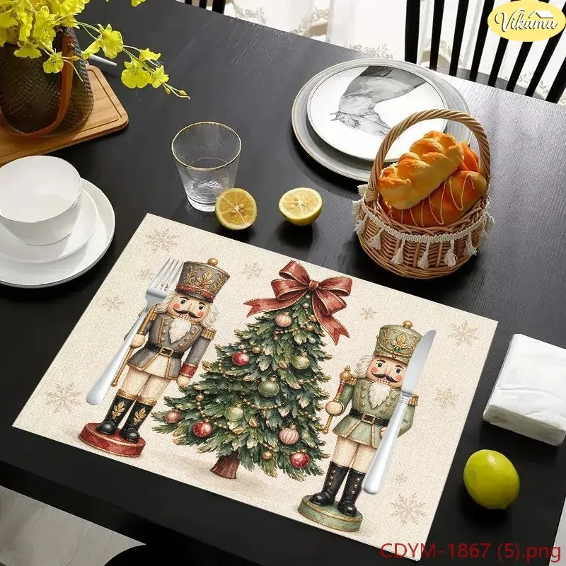 VIKAMA Christmas Placemats, Cream Wooden Cross Poinsettia Snowman Cardinal Design, Washable Winter Holiday Kitchen Mat